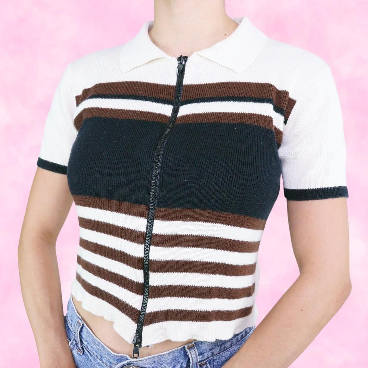 Striped Double Zip Collared Tee