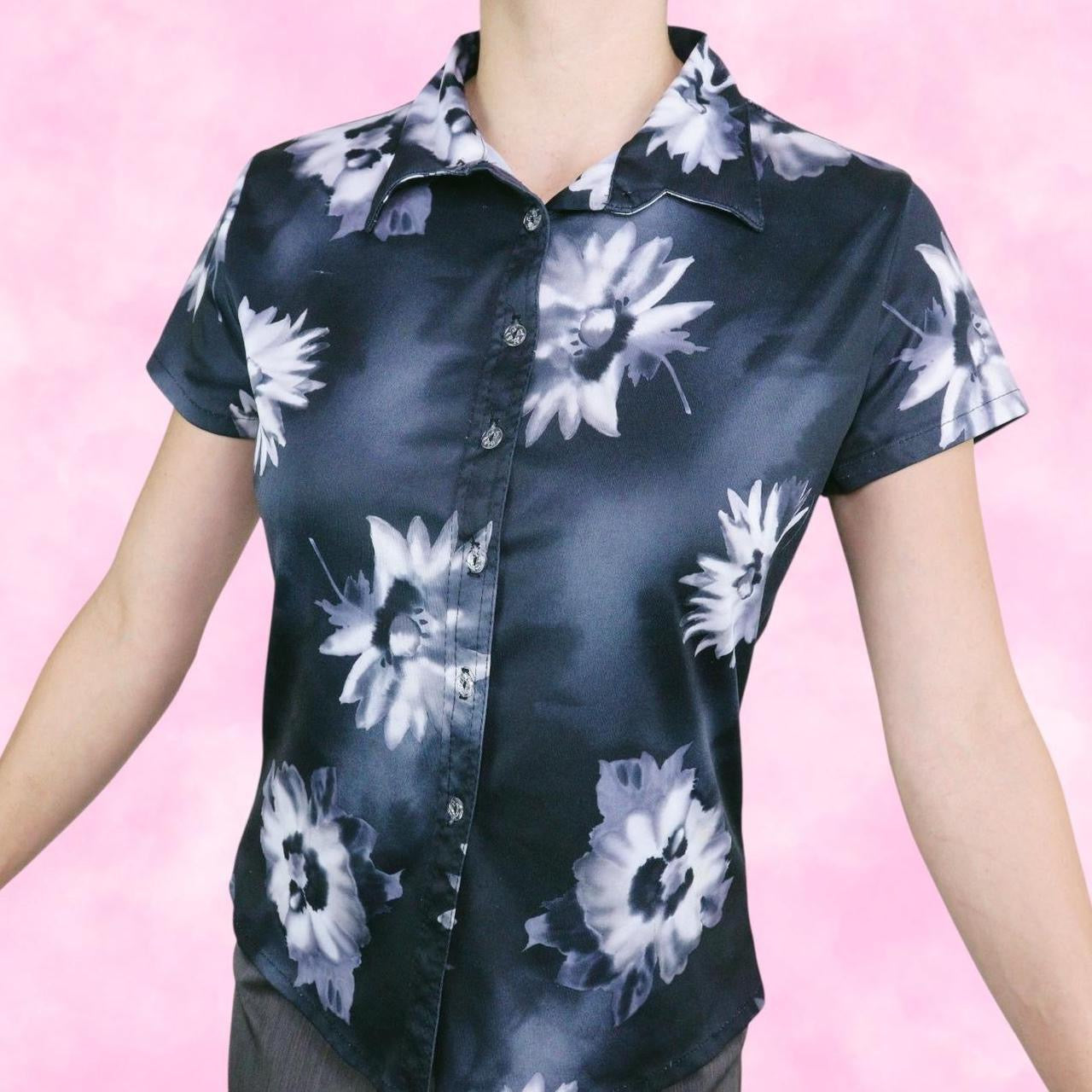 Dark Digi Print Floral Button Down Tee
