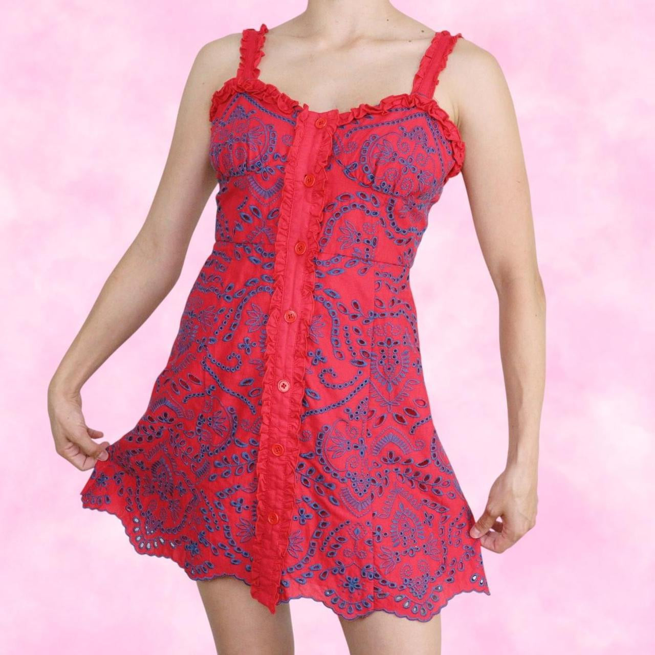 Red & Blue Eyelet Mini Dress