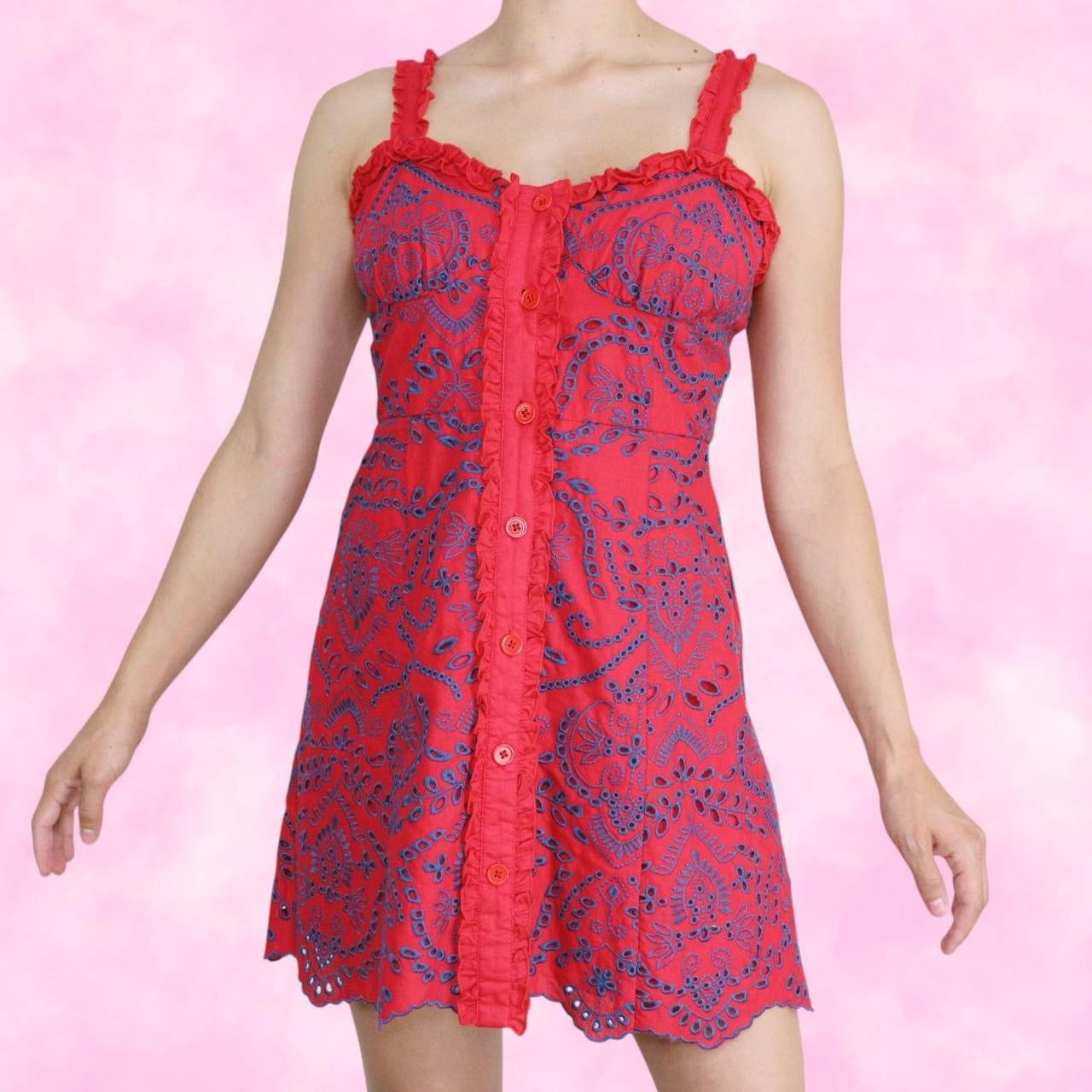Red & Blue Eyelet Mini Dress