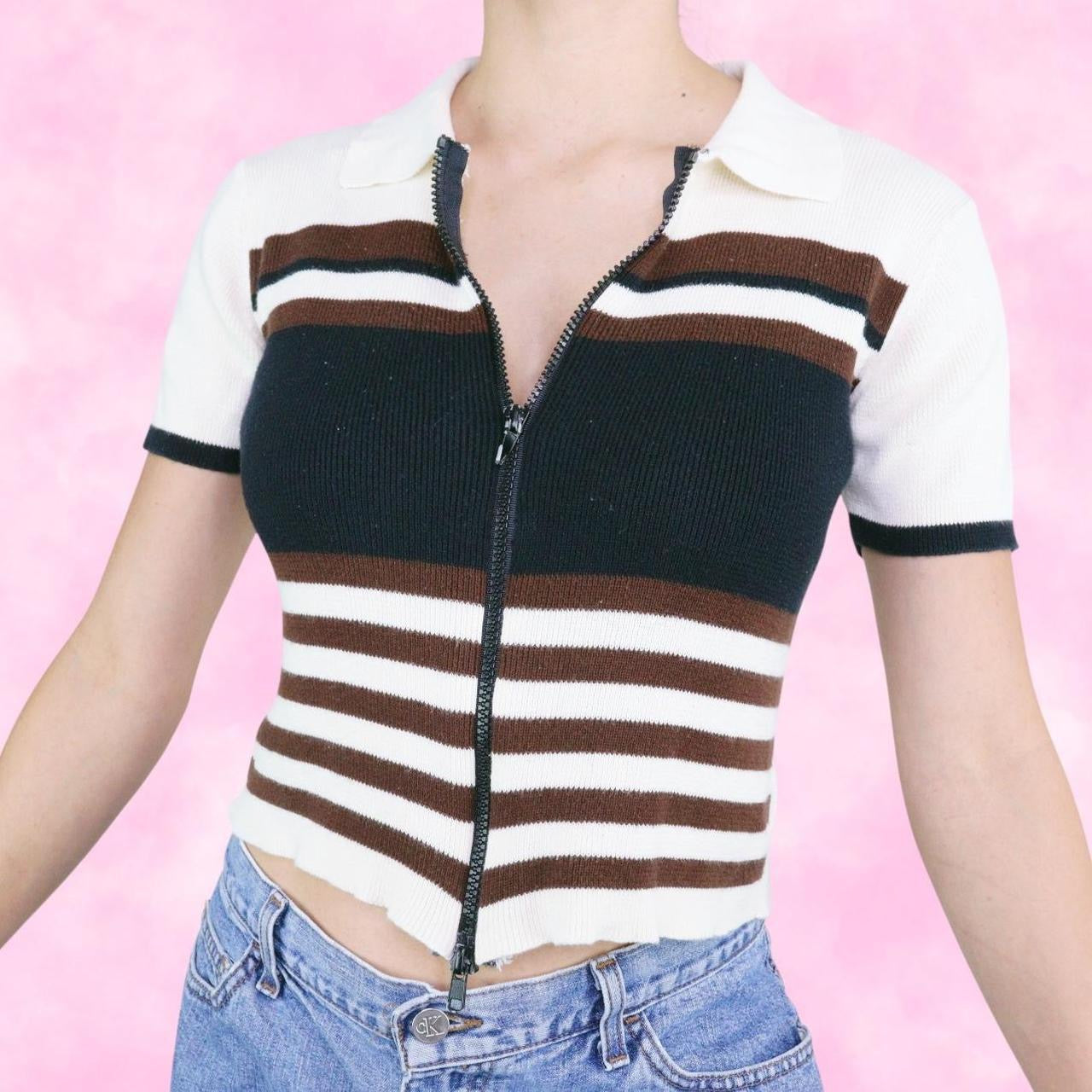 Striped Double Zip Collared Tee