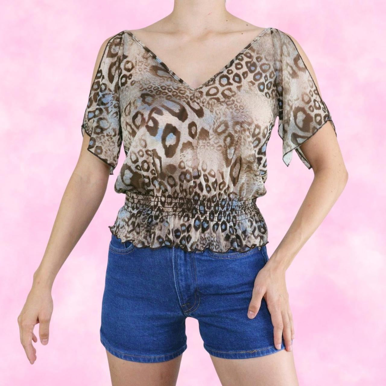 Sheer Cheetah Print Open Shoulder Top