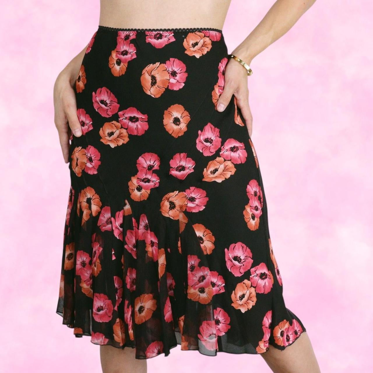 Pink & Black Floral Midi Skirt