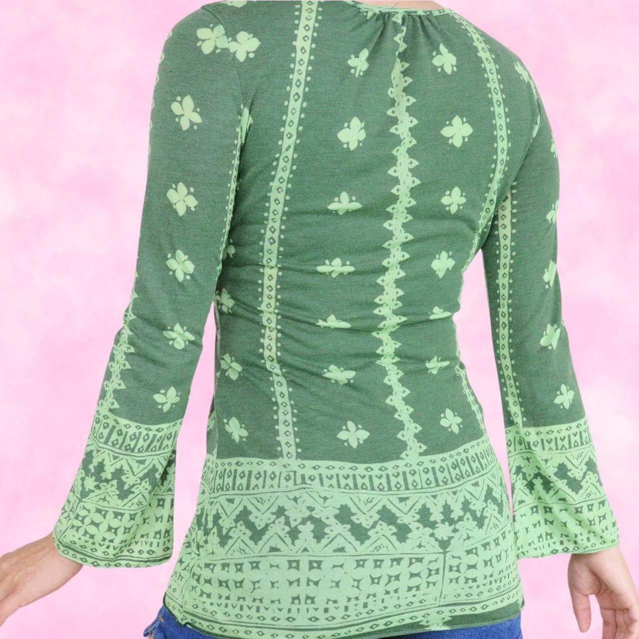 Green Boho Long Belle Sleeve Top