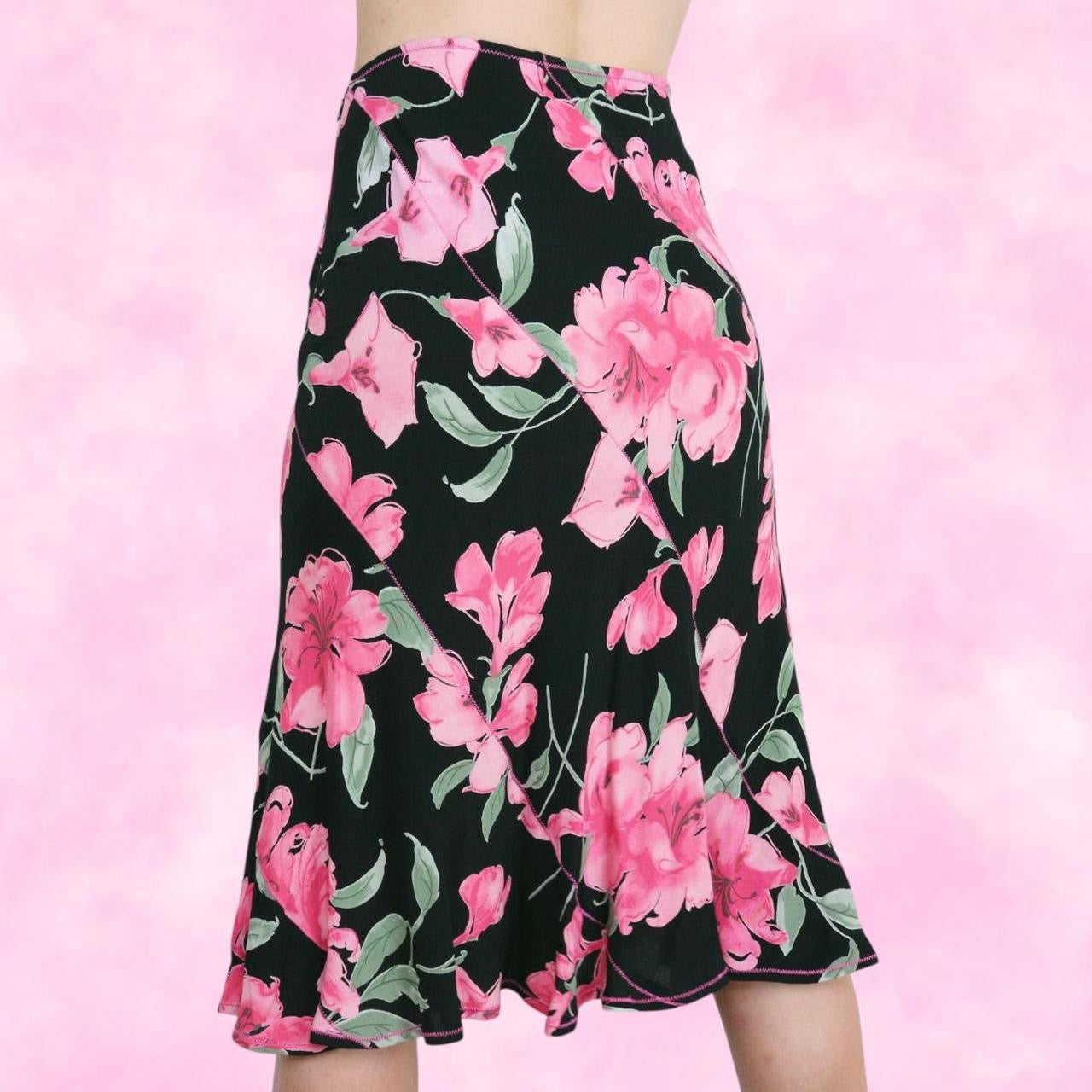 Pink and Black Floral Midi Skirt
