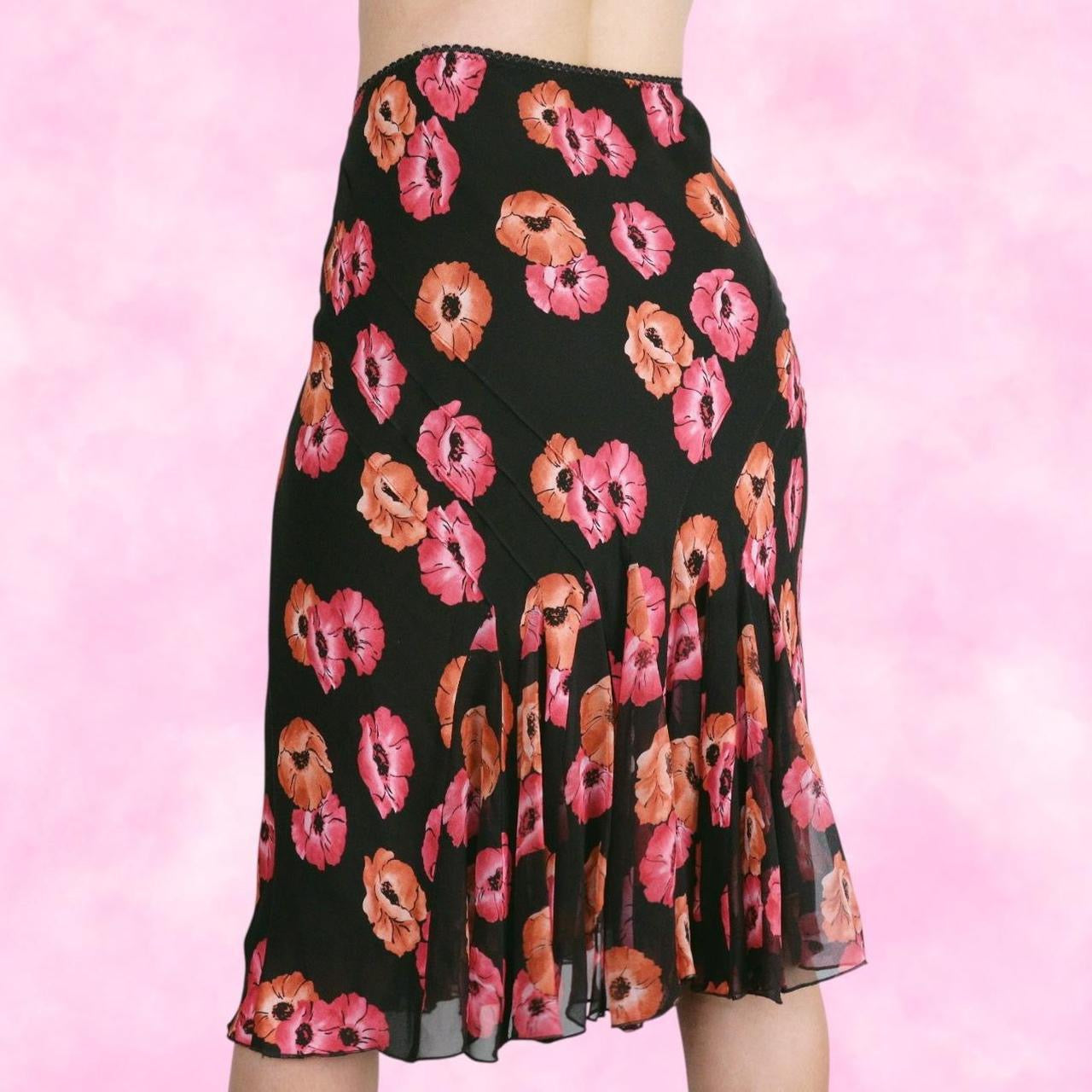 Pink & Black Floral Midi Skirt