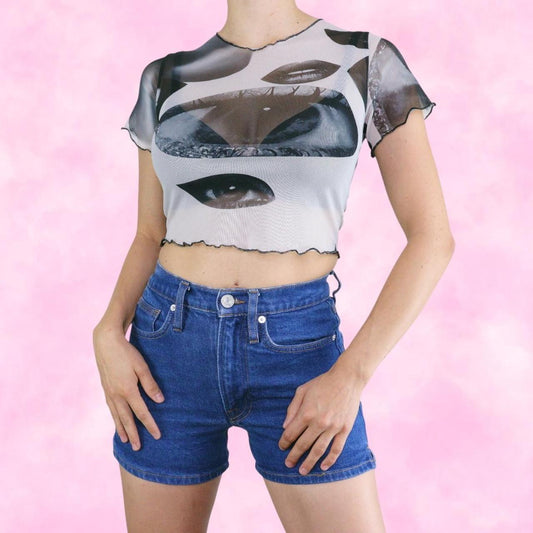 Digital Print Eyes & Lips Greyscale Mesh Cropped Tee