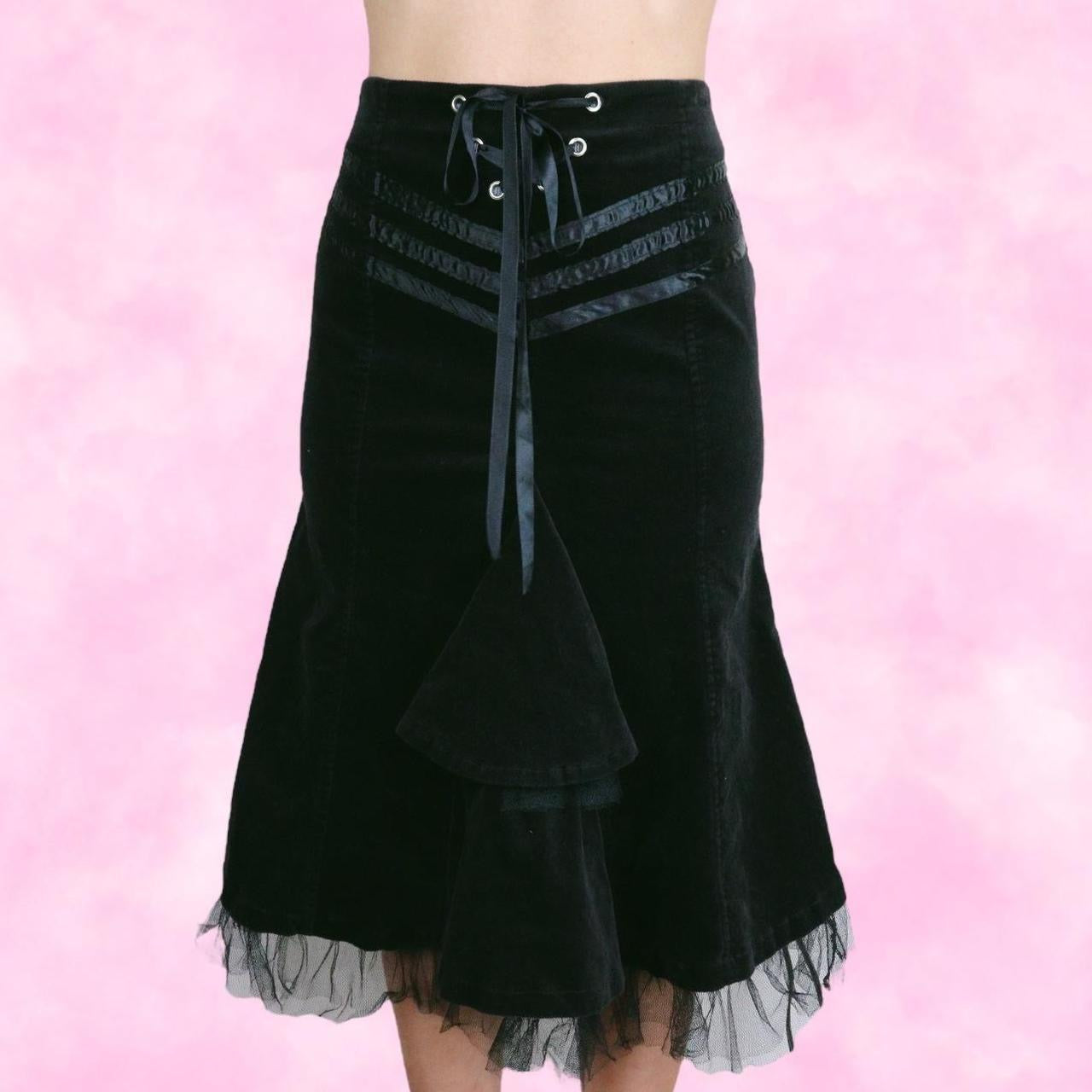 Witchy Black Velvet Lace Up Midi Skirt