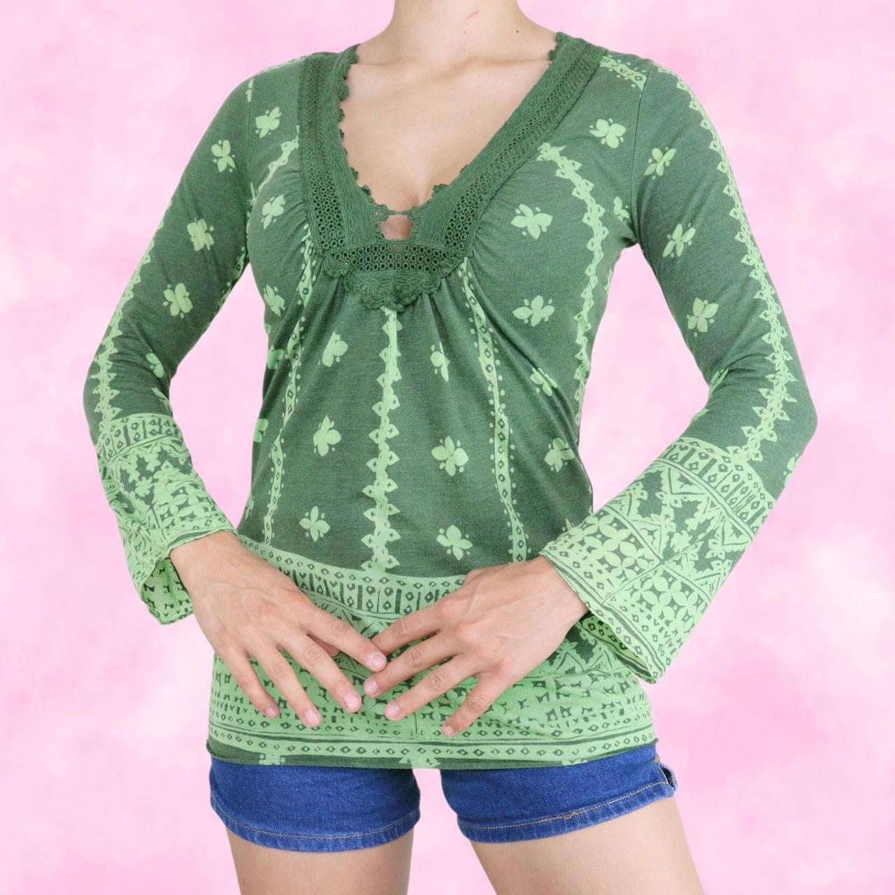 Green Boho Long Belle Sleeve Top
