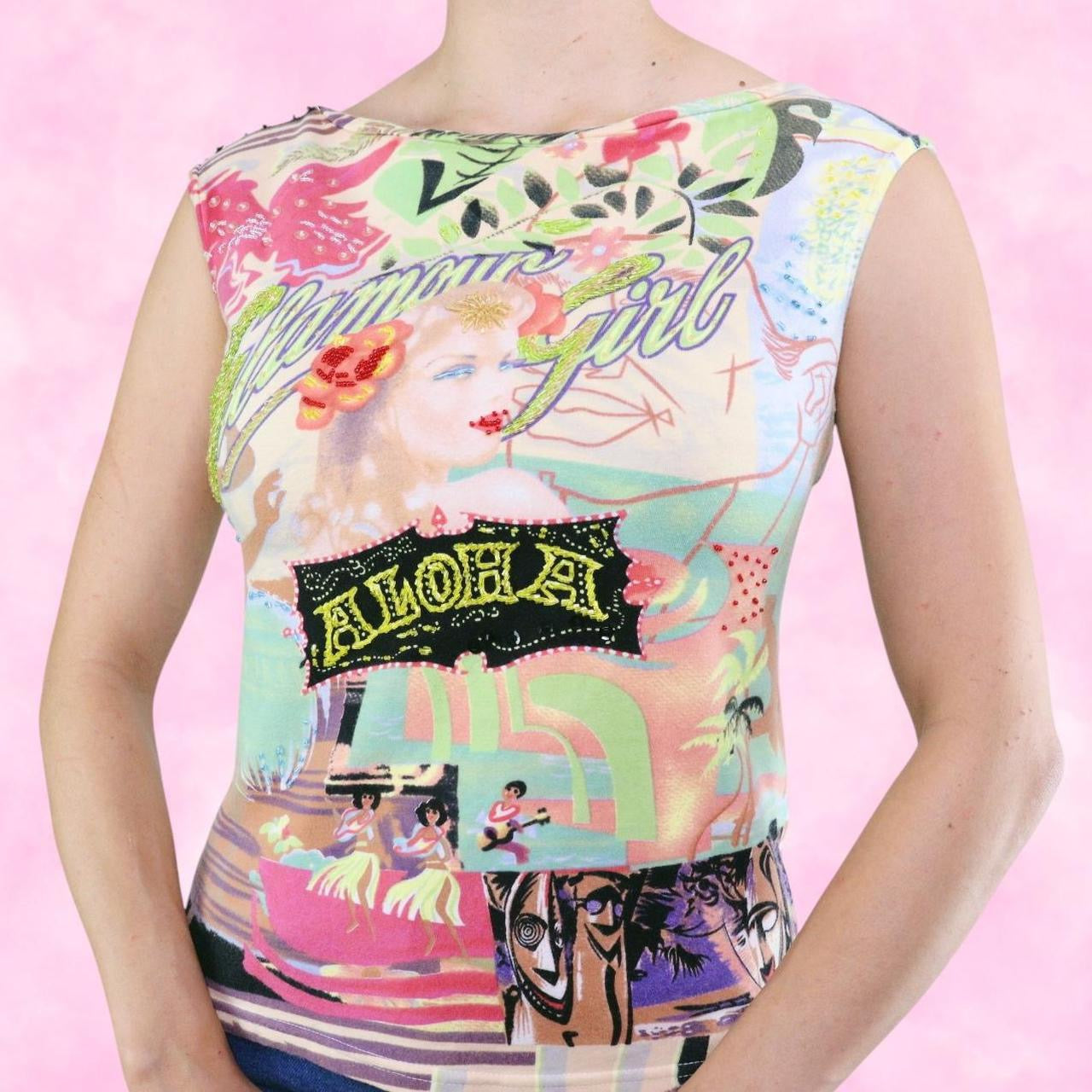 Euro Glamour Girl Aloha Beaded Graphic Tank Top