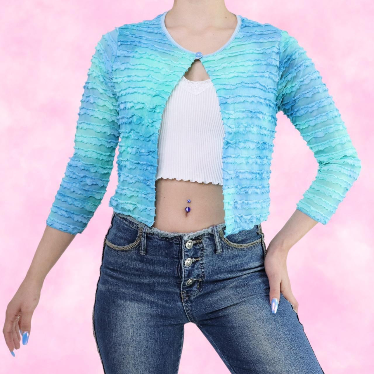 Tie Dye Ruffled Mesh Open Front Cardigan