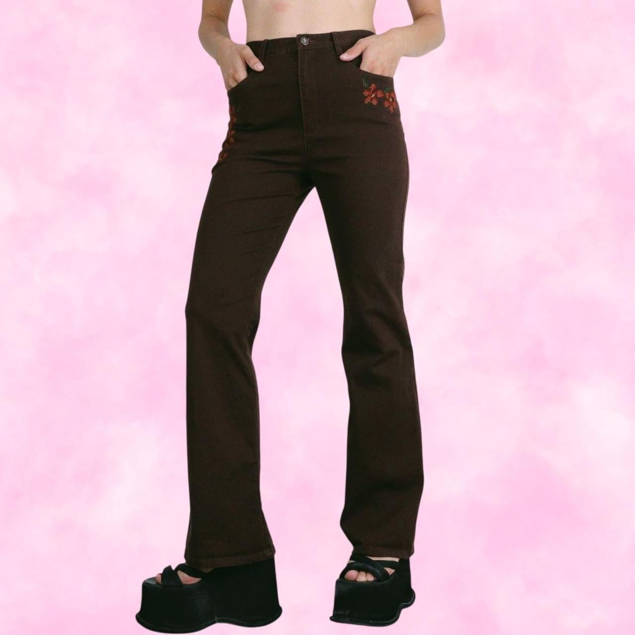 Brown Floral Embroidered Flare Pants