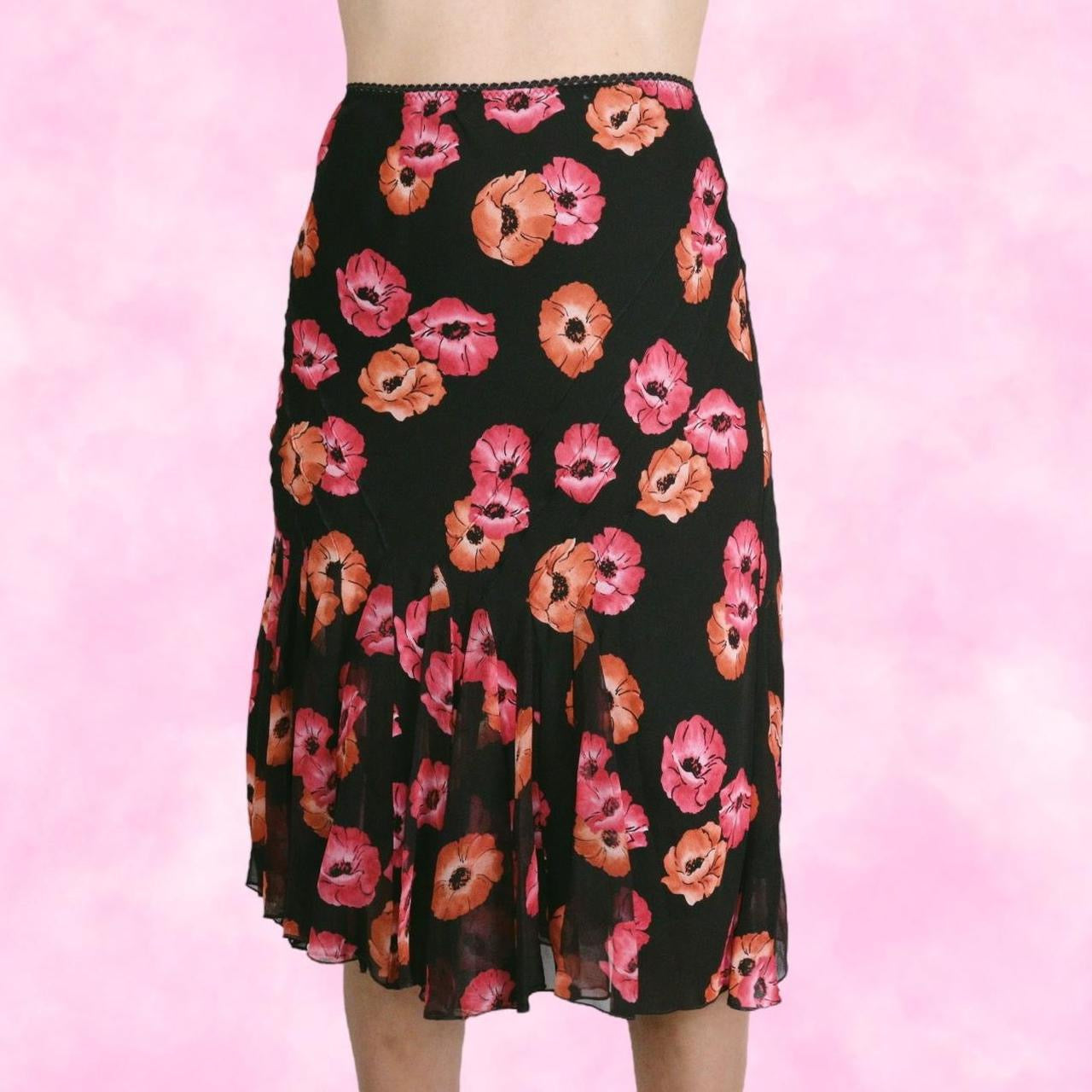 Pink & Black Floral Midi Skirt