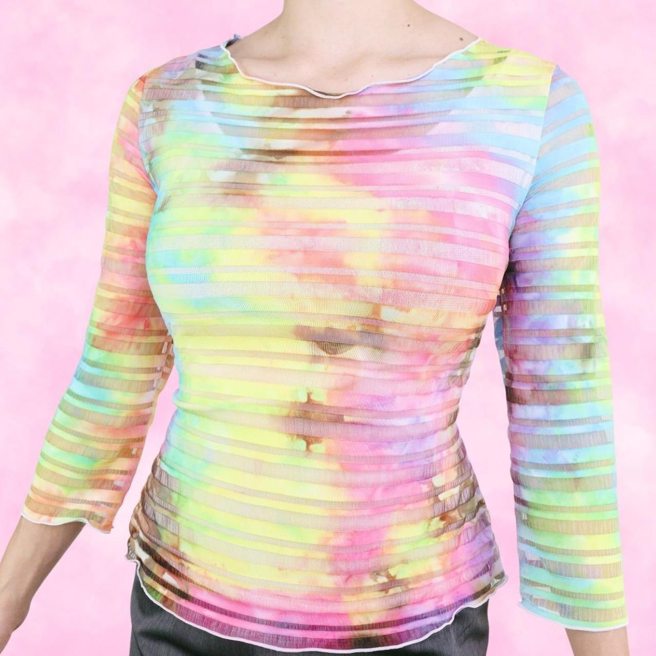 Rainbow Tie Dye Mesh Long Sleeve Top
