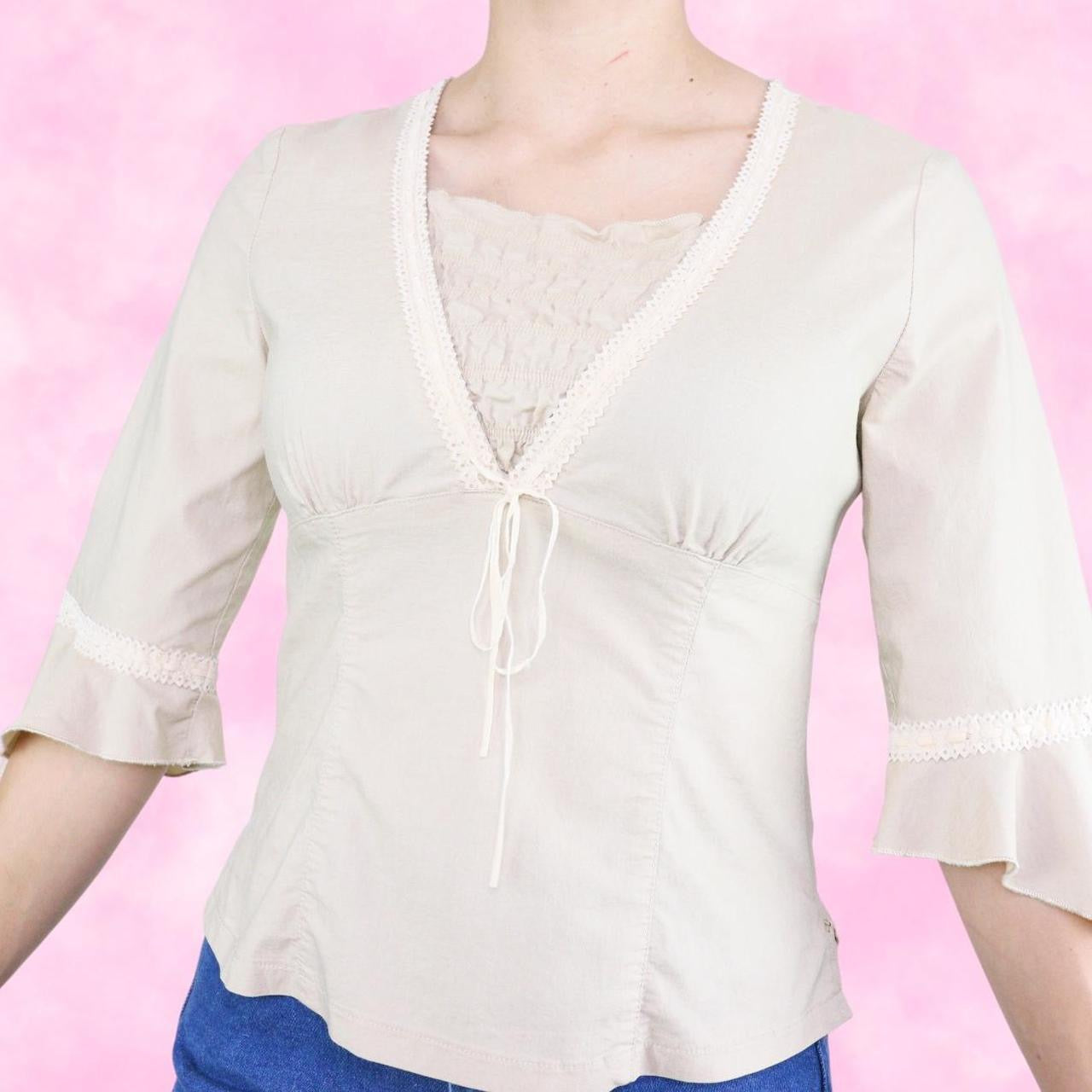 Beige Linen & Lace Belle Sleeve Top
