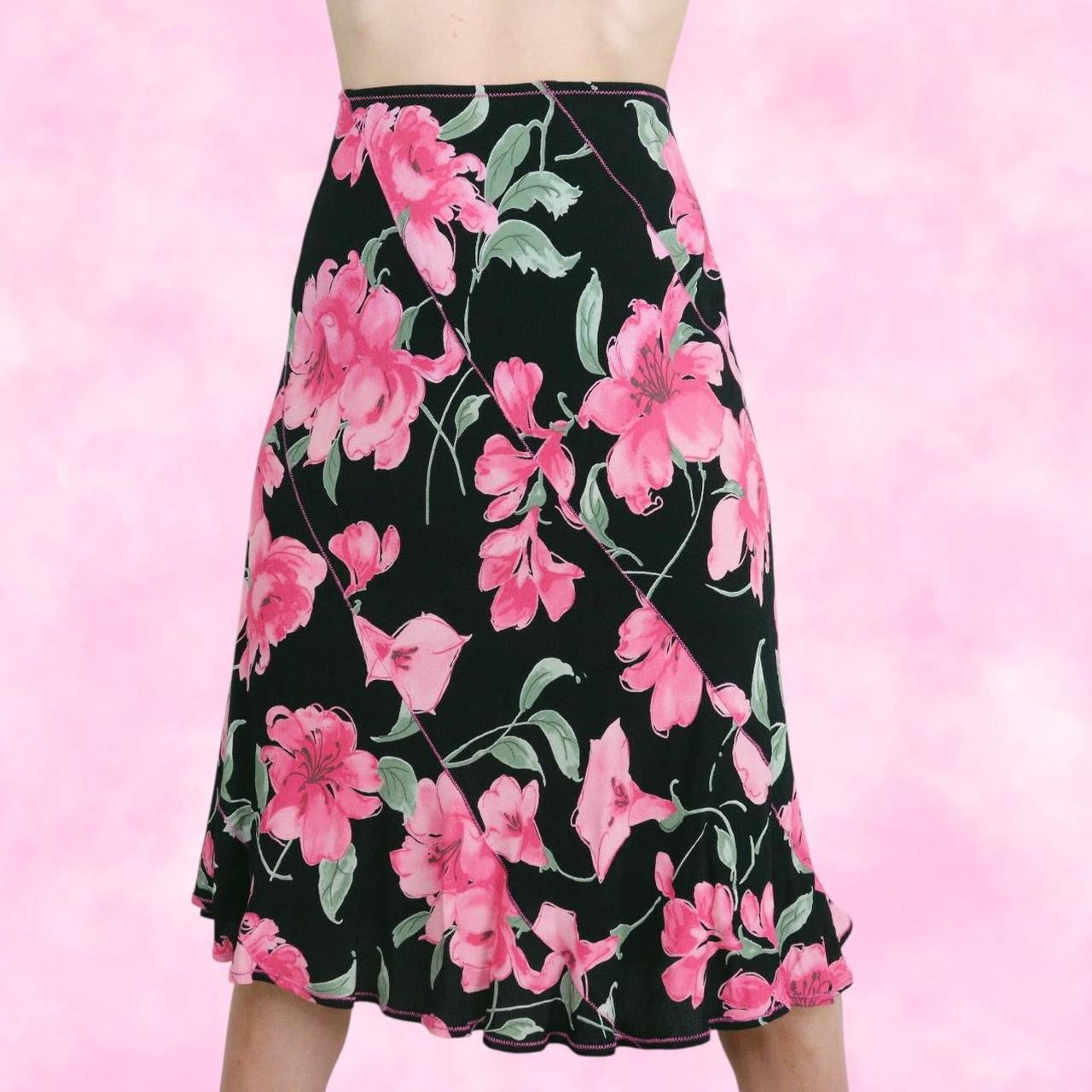 Pink and Black Floral Midi Skirt