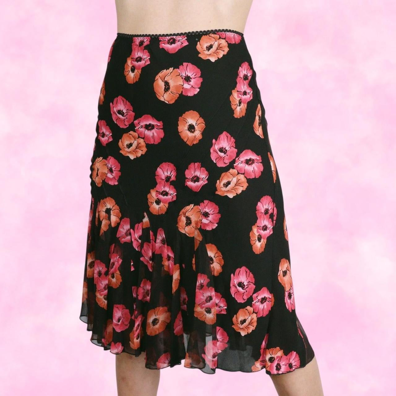 Pink & Black Floral Midi Skirt