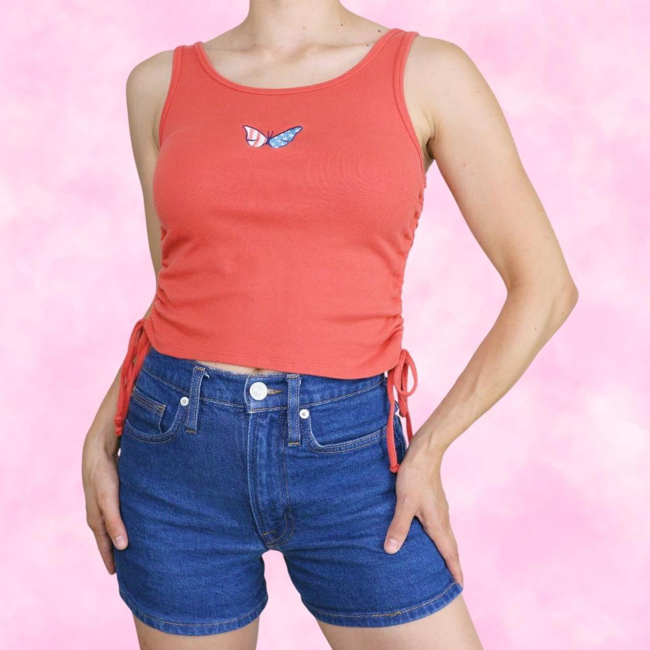 Butterfly Embroidered Peach Tank Top