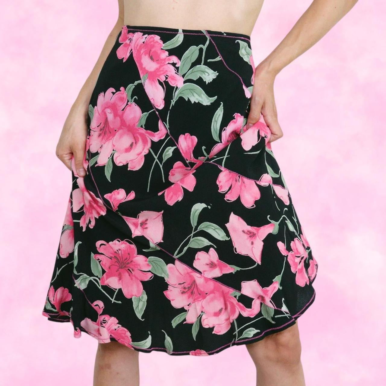 Pink and Black Floral Midi Skirt