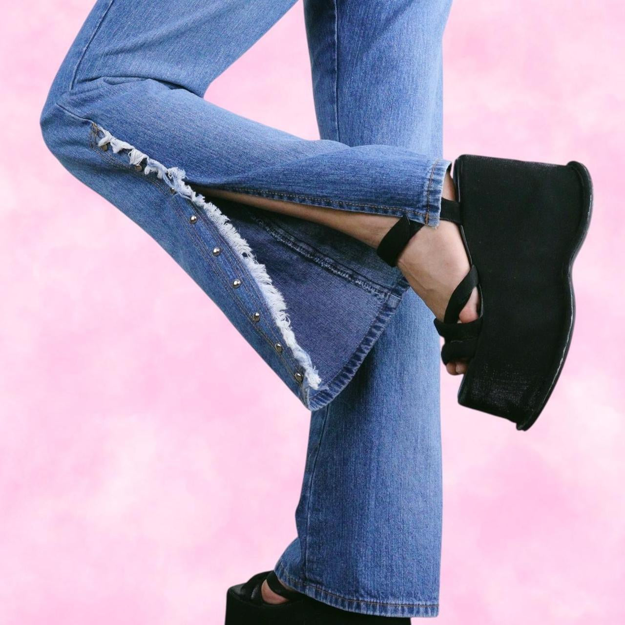 Studded Flare Jeans w/ High Slit Details
