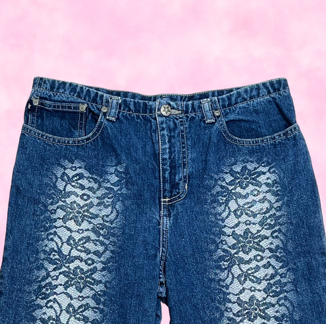 Lace Print Denim Capri Jeans