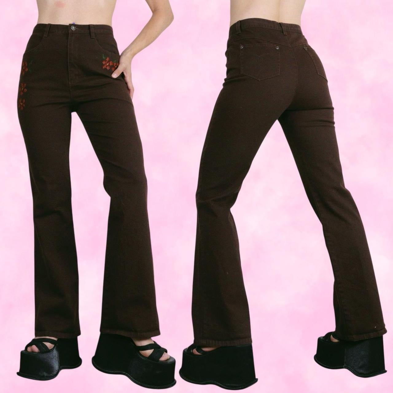 Brown Floral Embroidered Flare Pants