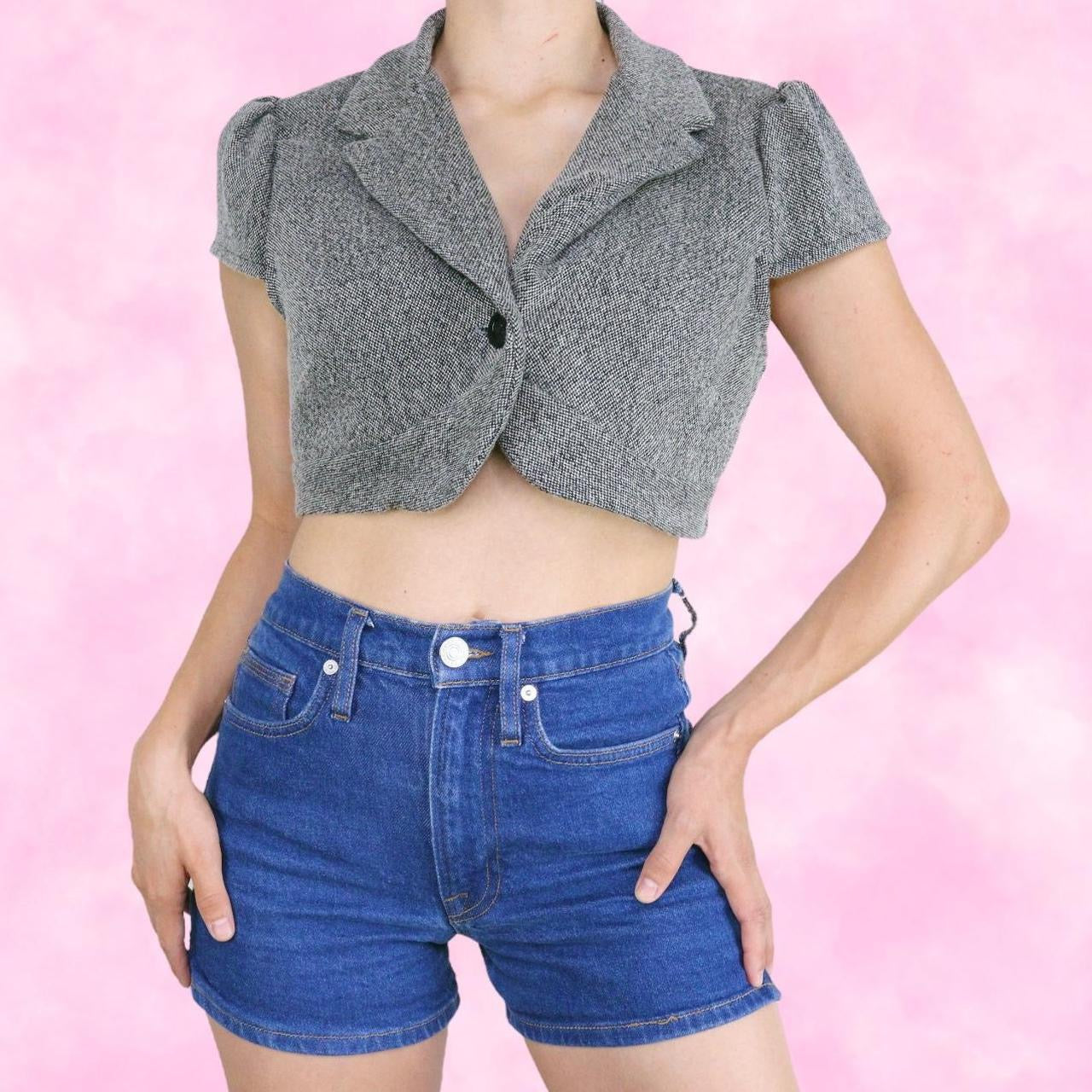 Grey Cropped Short Sleeve Button Front Shrug