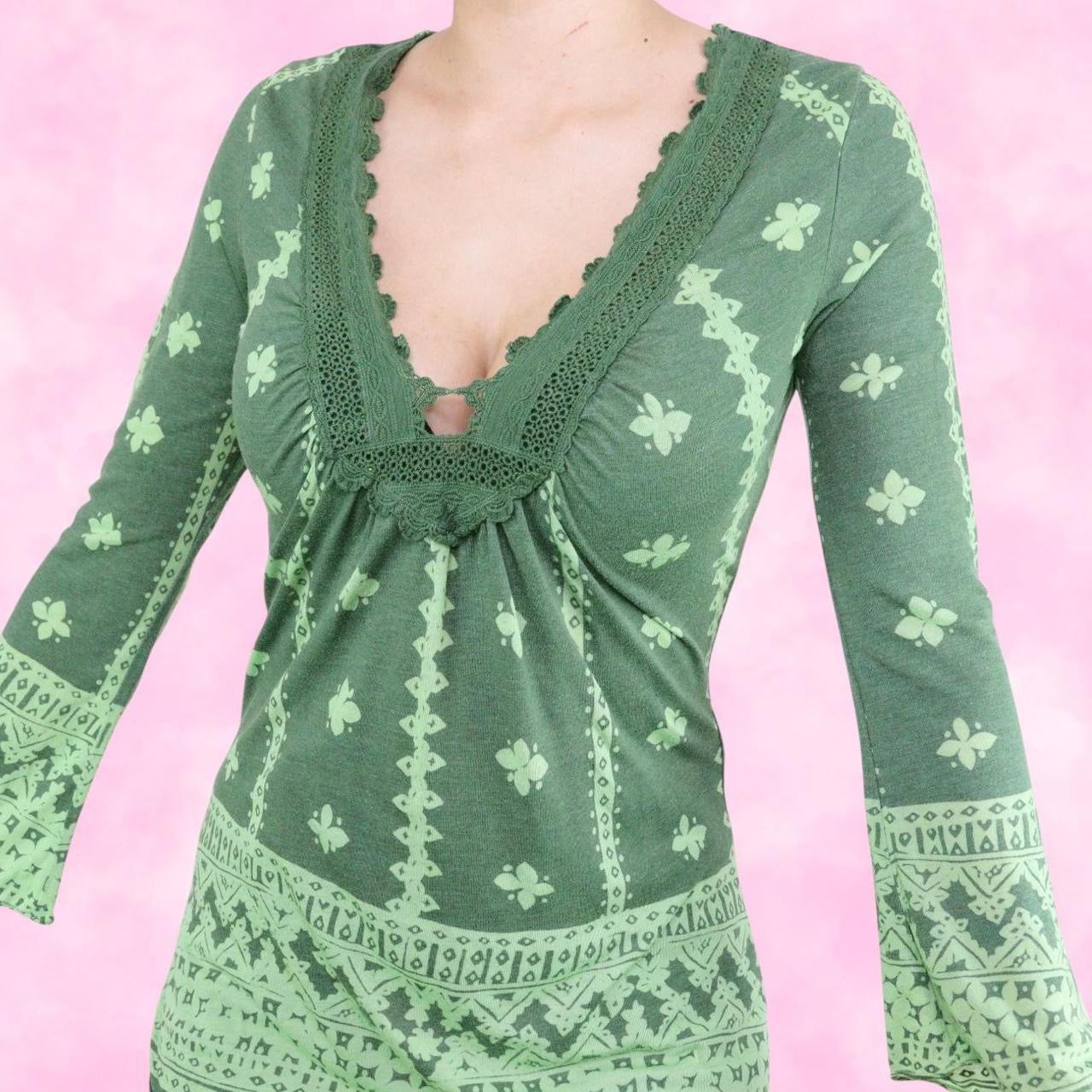 Green Boho Long Belle Sleeve Top