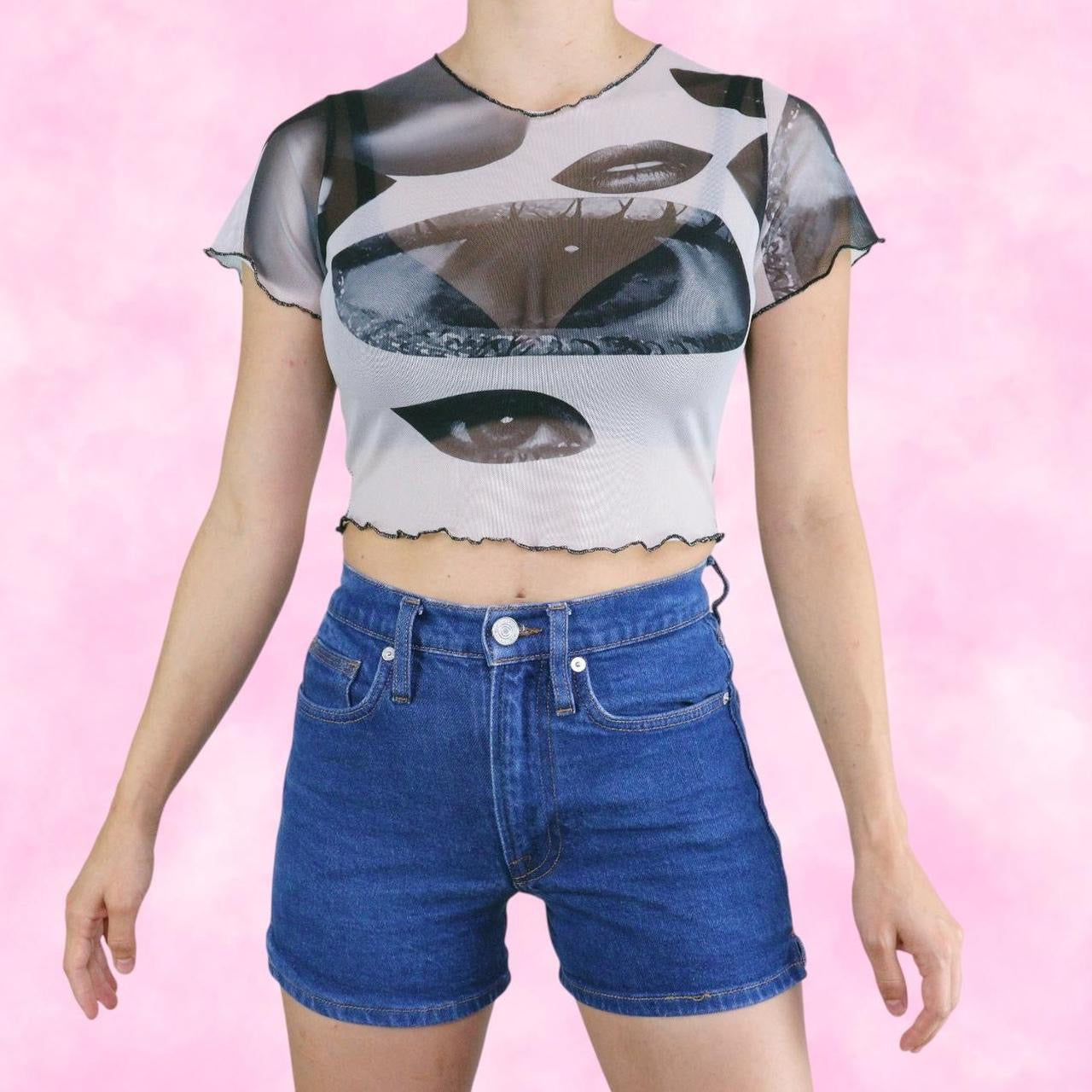Digital Print Eyes & Lips Greyscale Mesh Cropped Tee