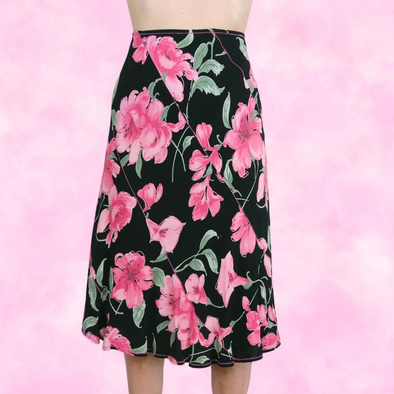 Pink and Black Floral Midi Skirt