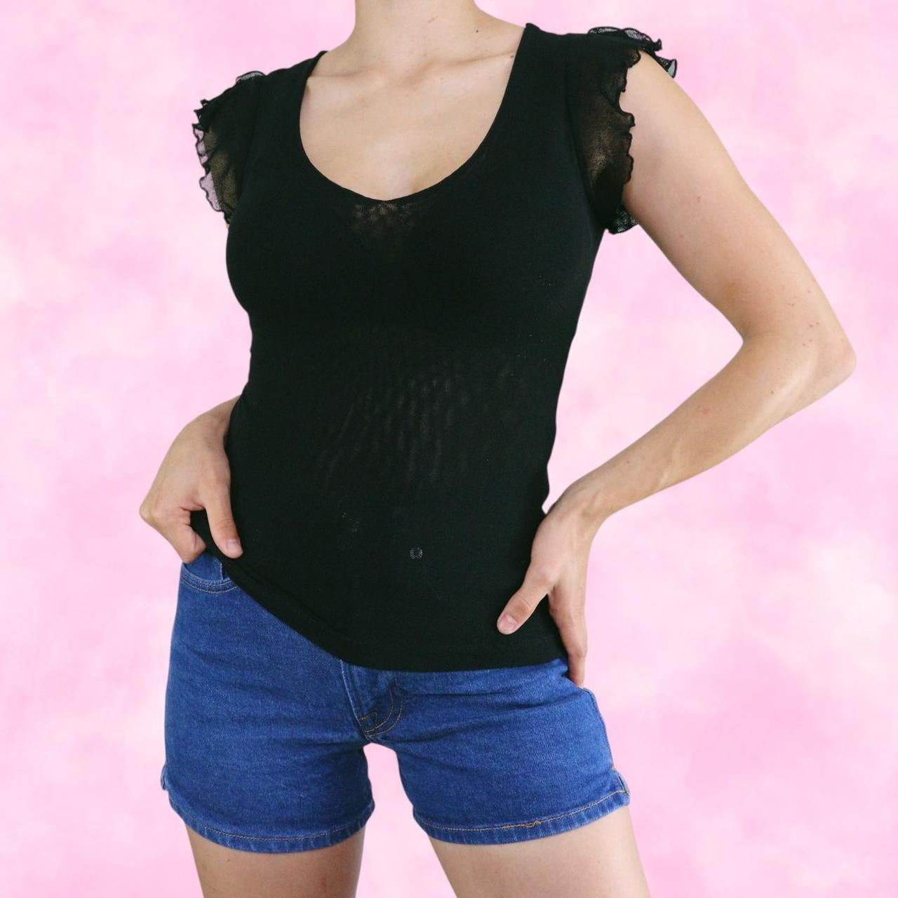 Black Mesh Ruffled Cap Sleeve Top