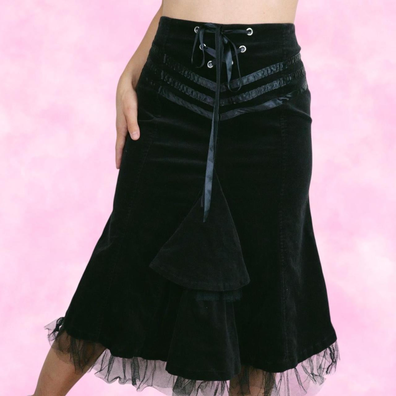 Witchy Black Velvet Lace Up Midi Skirt