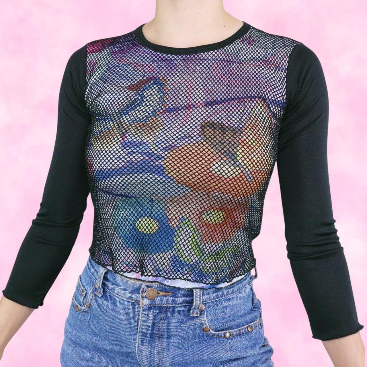 Fishnet Mesh Digi Print Long Sleeve Top