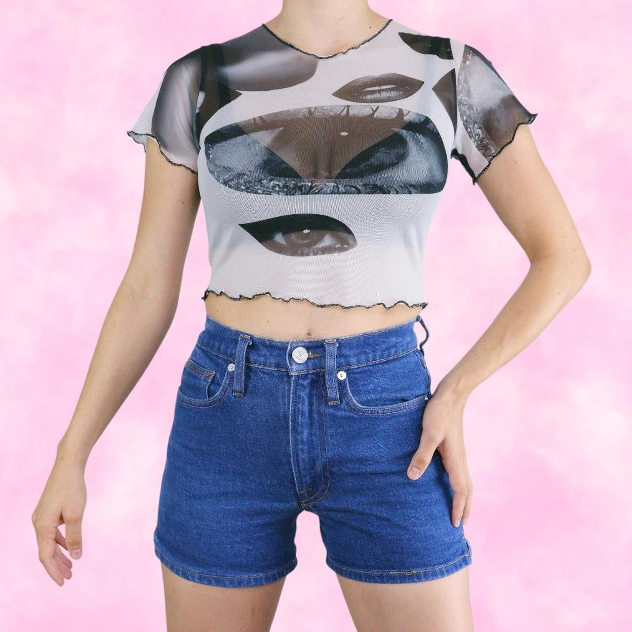 Digital Print Eyes & Lips Greyscale Mesh Cropped Tee
