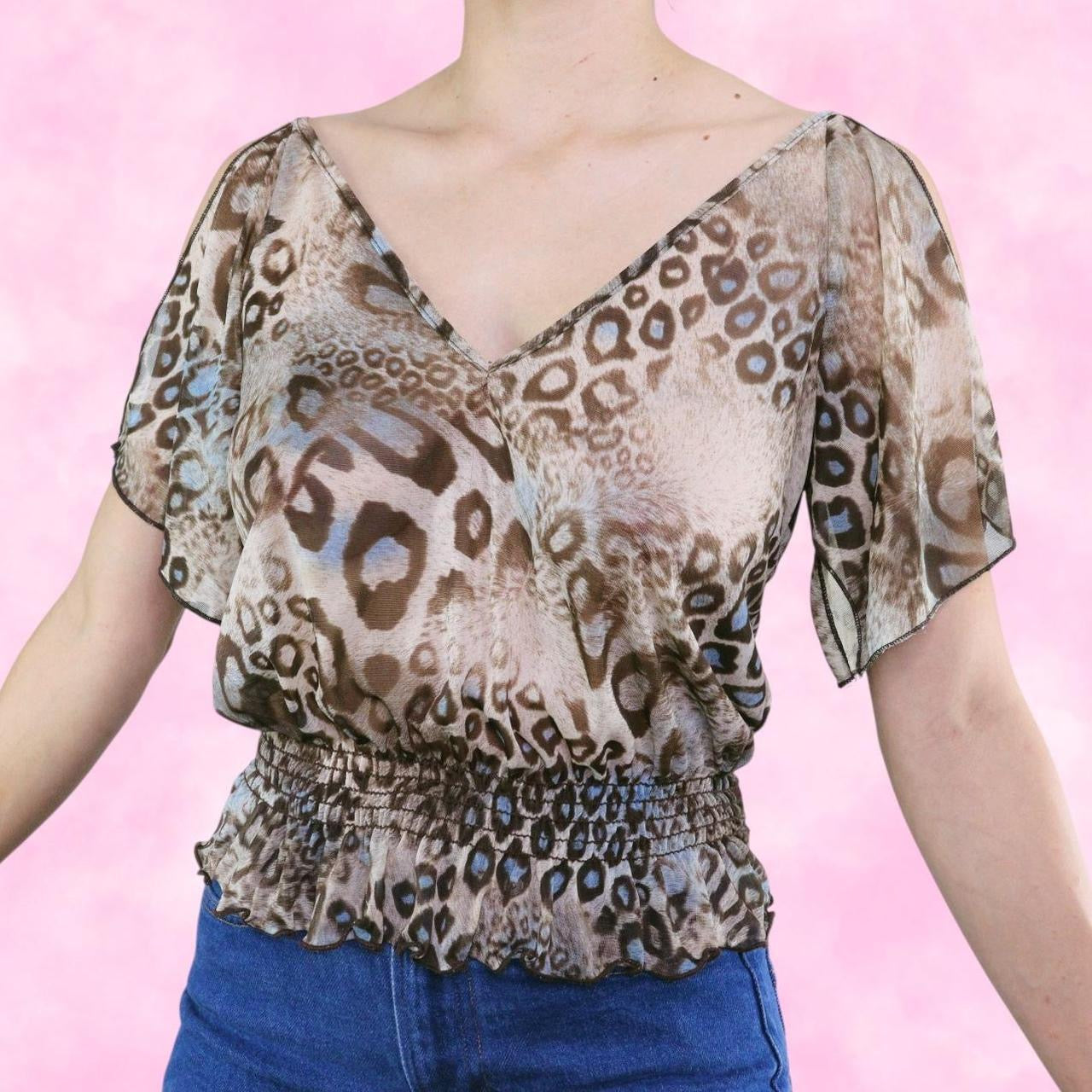 Sheer Cheetah Print Open Shoulder Top
