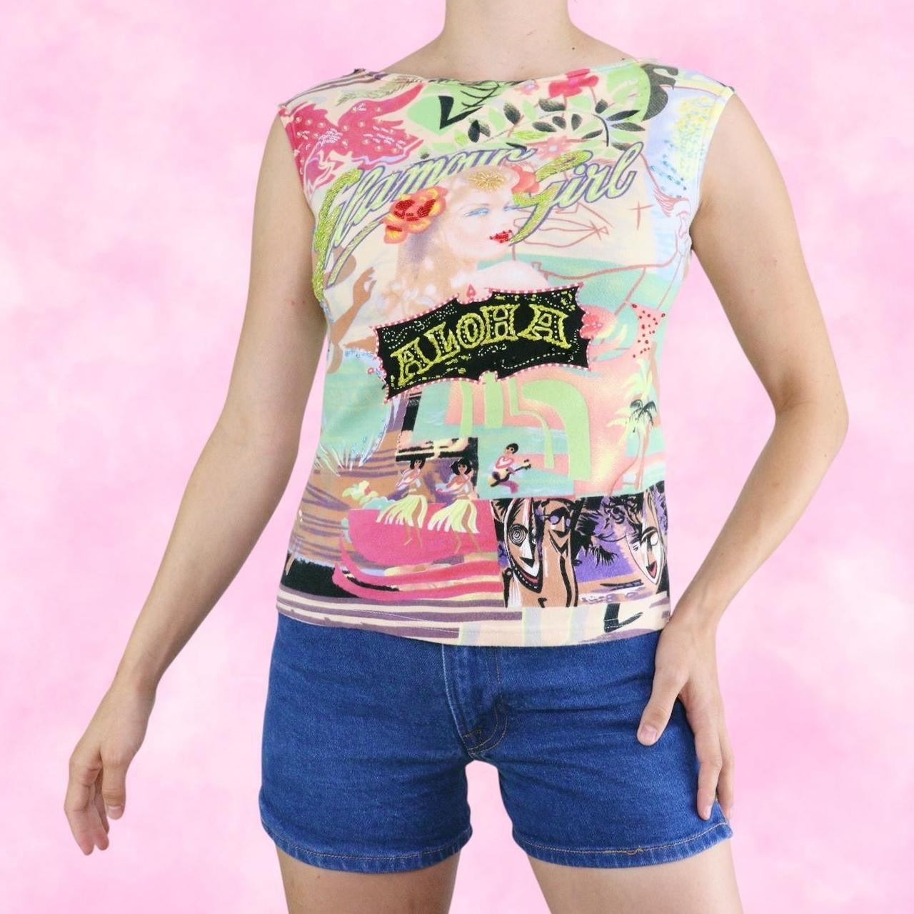 Euro Glamour Girl Aloha Beaded Graphic Tank Top