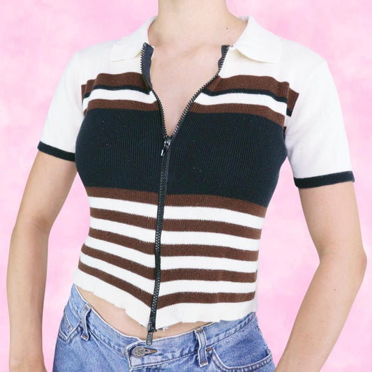 Striped Double Zip Collared Tee