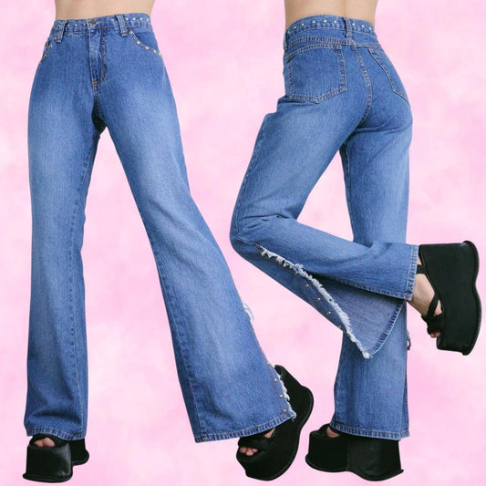 Studded Flare Jeans w/ High Slit Details