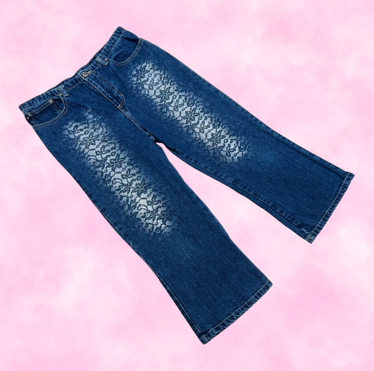 Lace Print Denim Capri Jeans