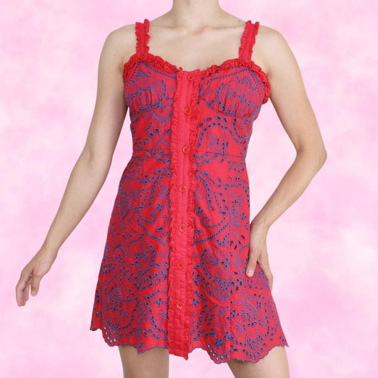 Red & Blue Eyelet Mini Dress