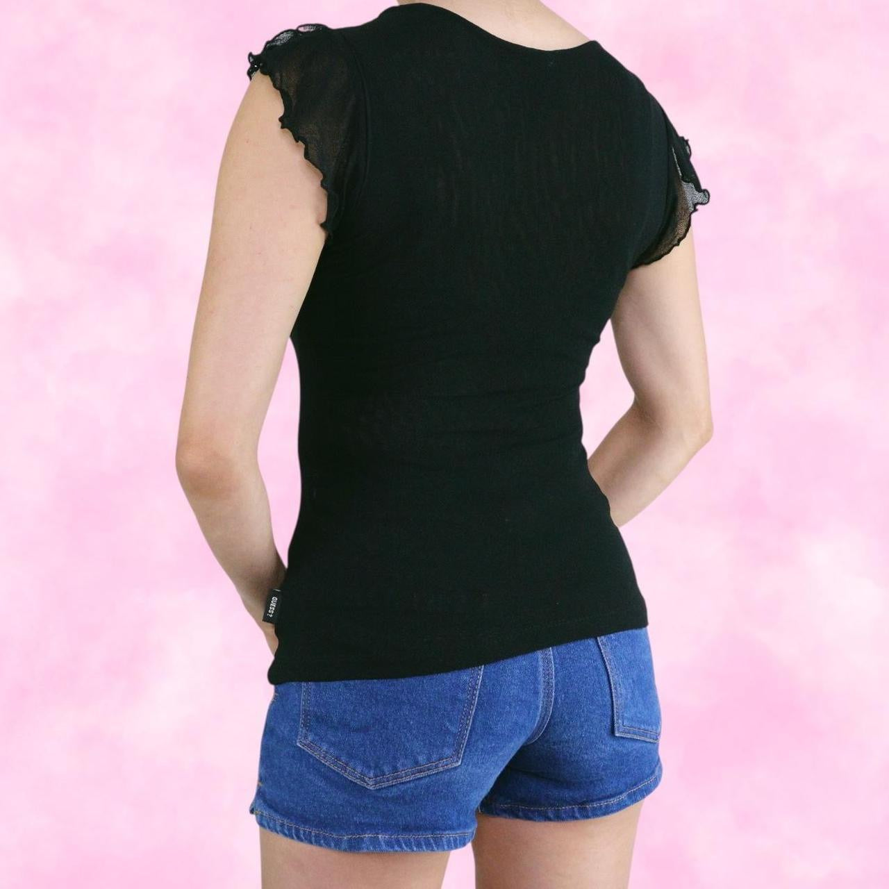Black Mesh Ruffled Cap Sleeve Top