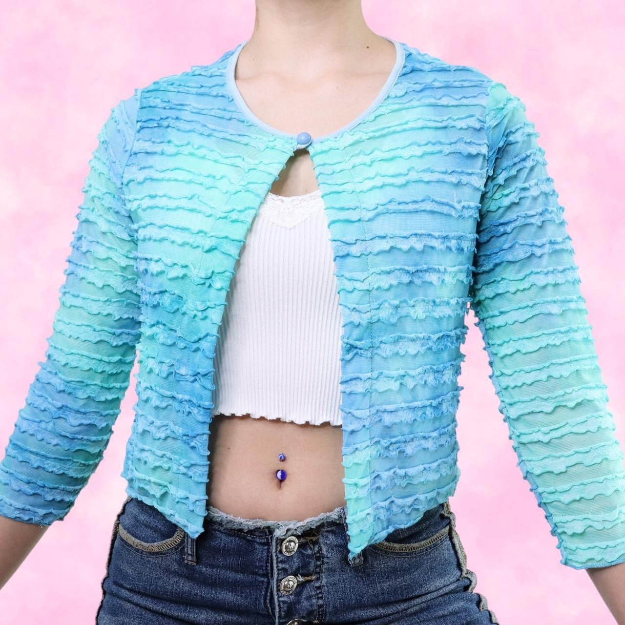 Tie Dye Ruffled Mesh Open Front Cardigan