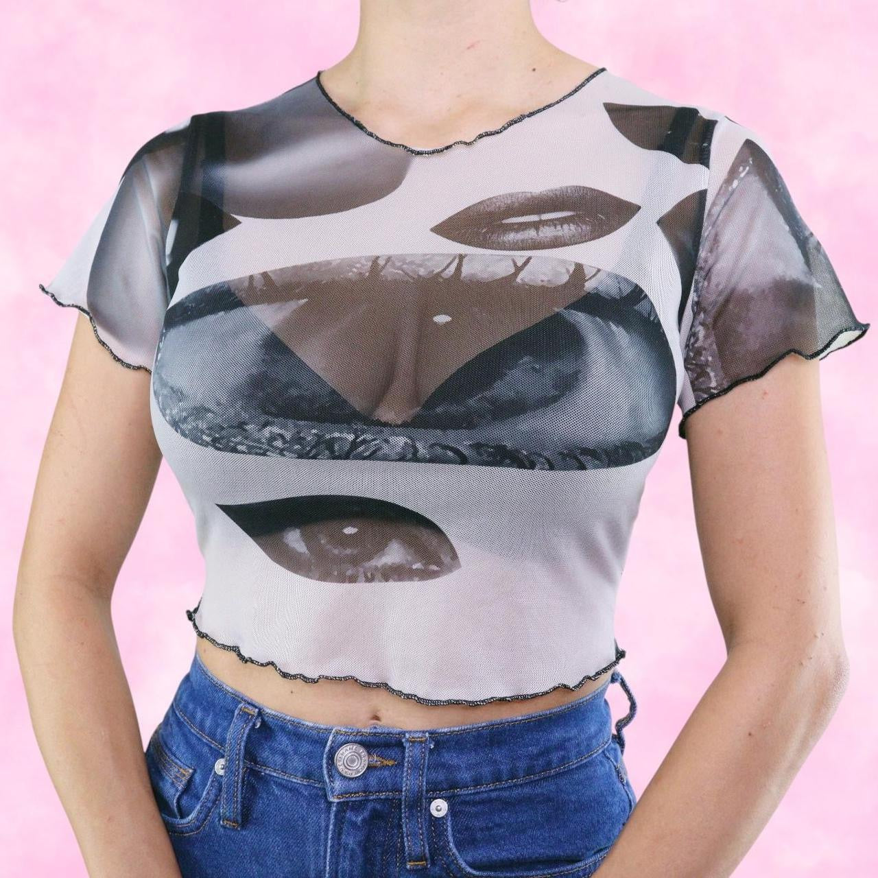 Digital Print Eyes & Lips Greyscale Mesh Cropped Tee