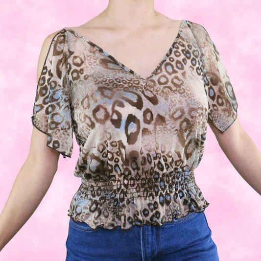Sheer Cheetah Print Open Shoulder Top