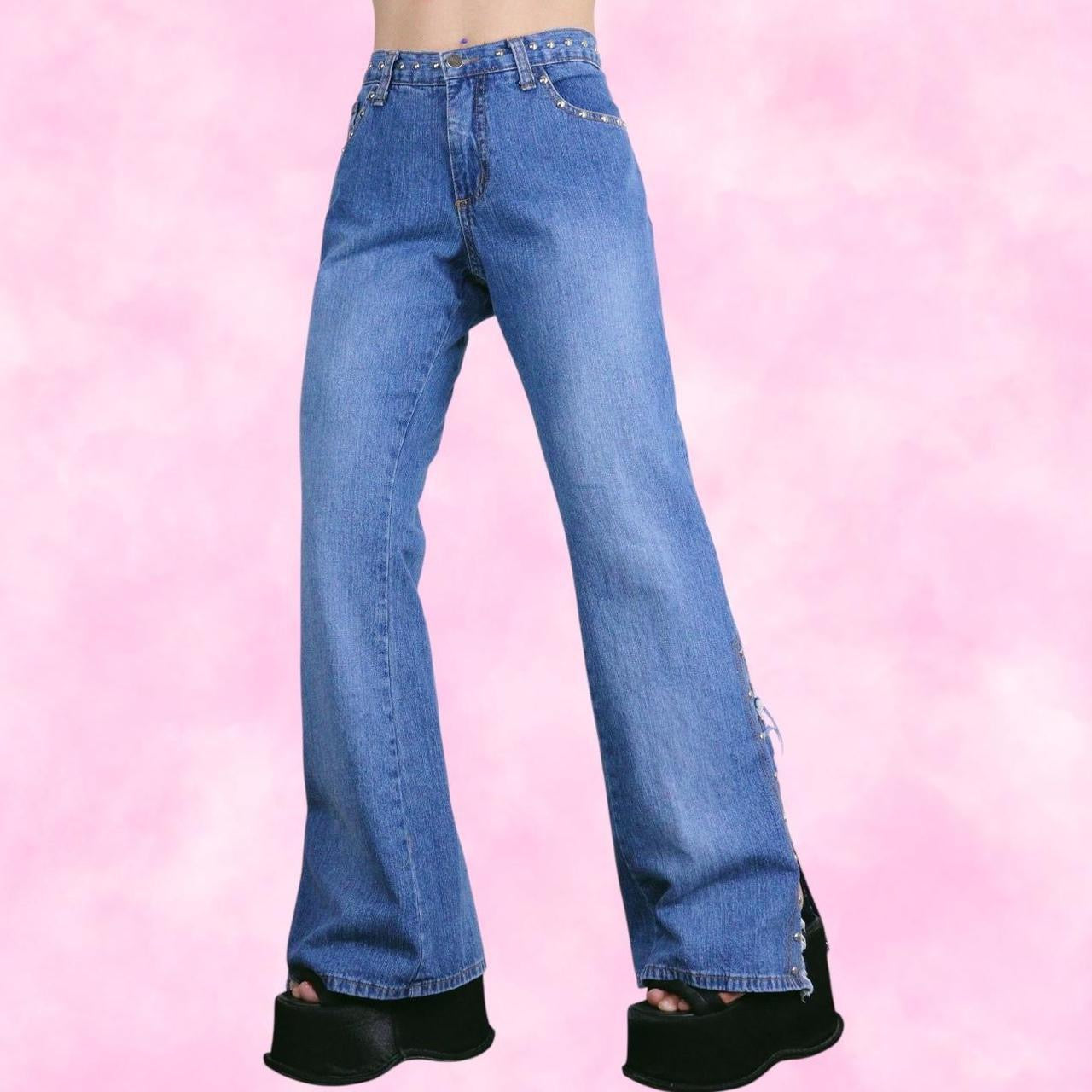 Studded Flare Jeans w/ High Slit Details