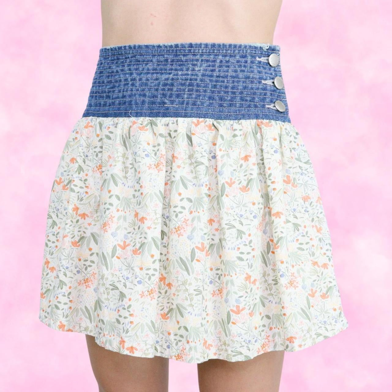 Denim Waist Floral Mini Skirt