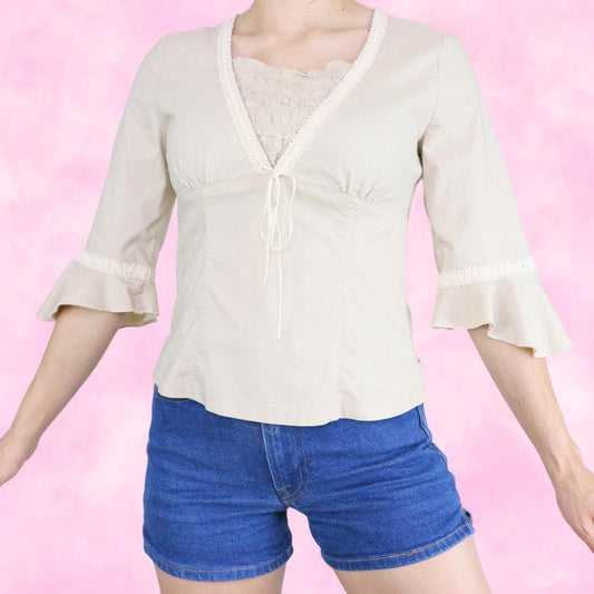 Beige Linen & Lace Belle Sleeve Top