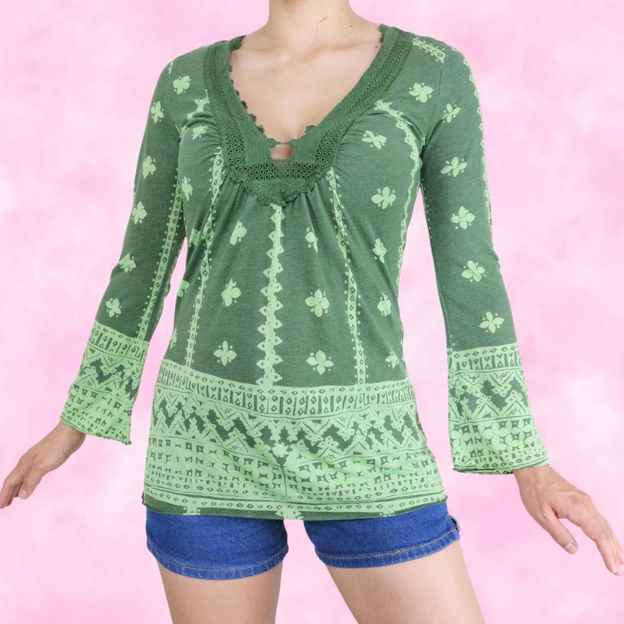 Green Boho Long Belle Sleeve Top