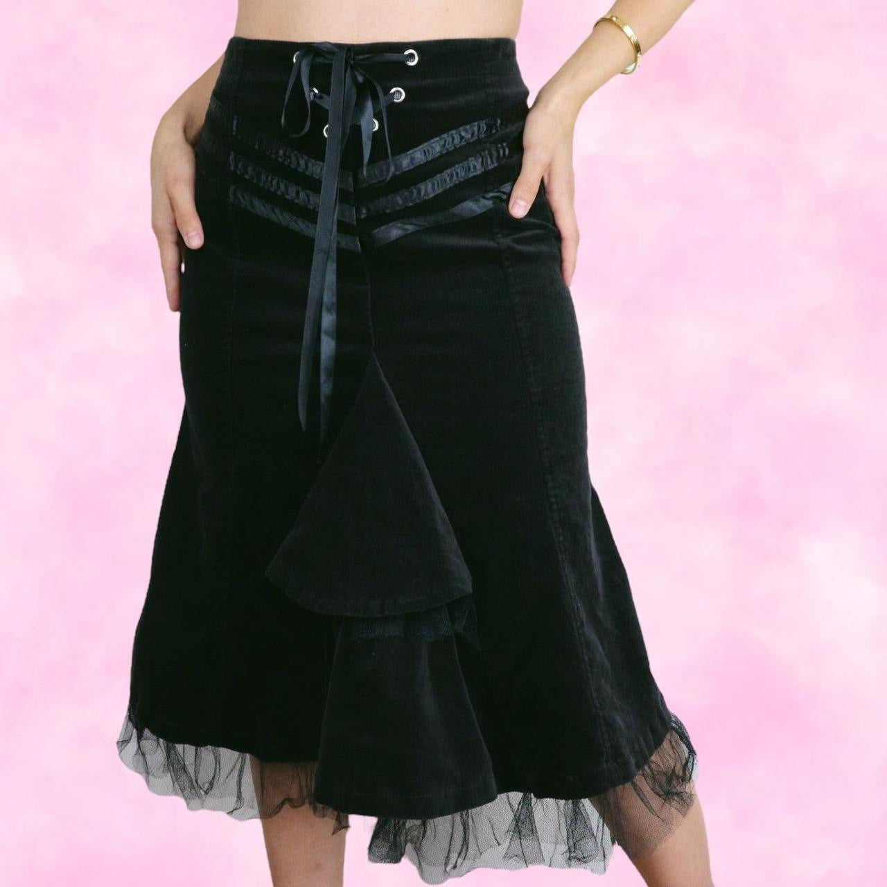 Witchy Black Velvet Lace Up Midi Skirt