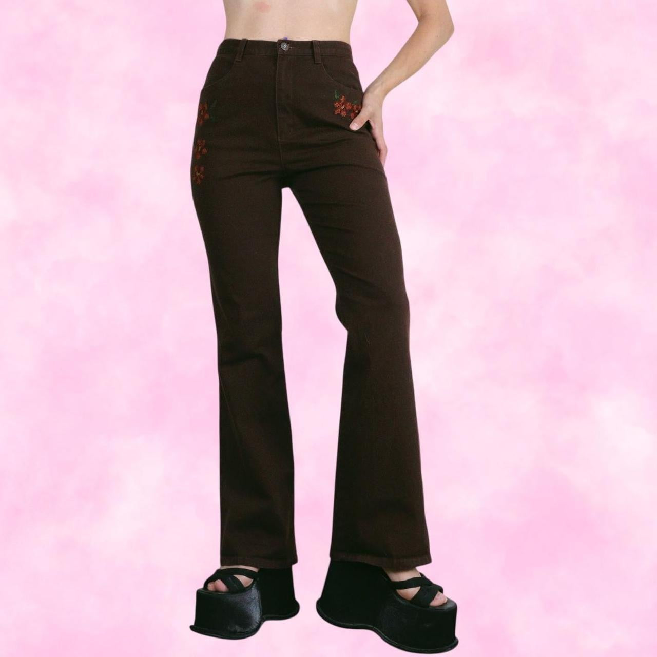 Brown Floral Embroidered Flare Pants